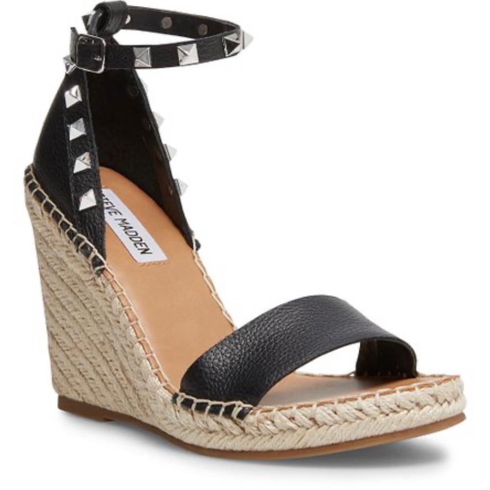 Black McKenna Studded Leather Espadrille Wedge - Steve Madden